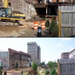 Top: demolition of old building. Bottom: newly finished park.