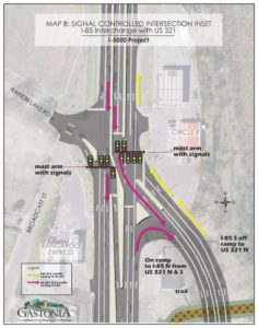 Close up aerial photo of I-85/321 with changes marked