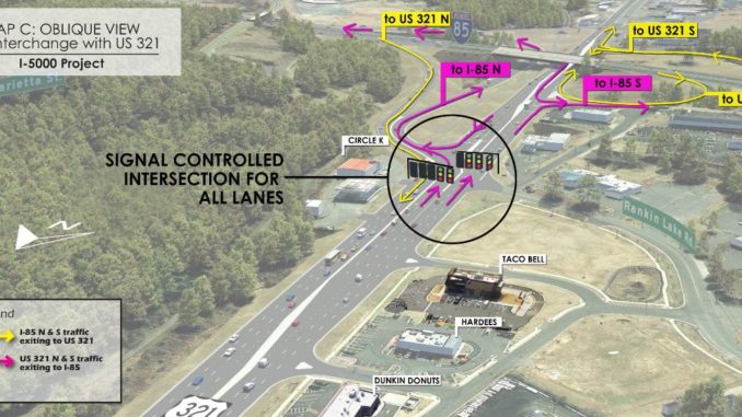 Aerial photo of I-84/321 interchange with proposed changes marked