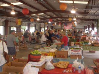 People shopping at tables with fresh fruits and vegetables