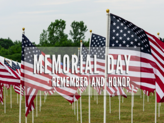 American flags with words Memorial Day, Remember and Honor