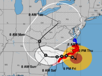 Map of eastern U.S. showing Hurricane Florence's likely path
