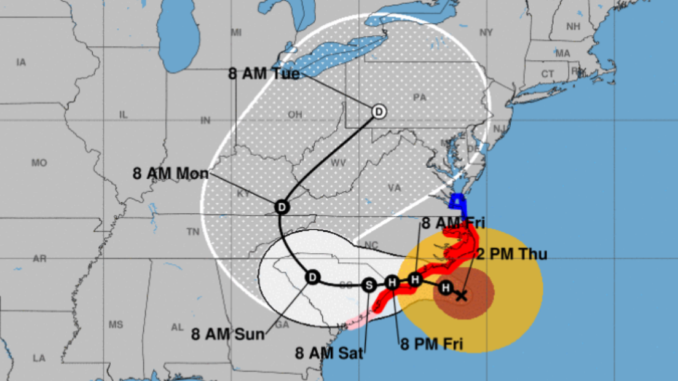 Map of eastern U.S. showing Hurricane Florence's likely path