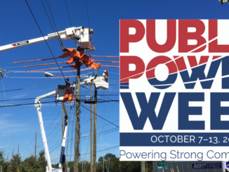 Line crews repairing electric lines in bucket trucks, with "Public Power Week" logo over half of the photo