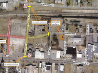 Map showing streets west of downtown Gastonia with road closings marked