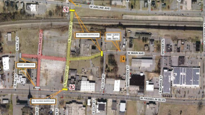 Map showing streets west of downtown Gastonia with road closings marked