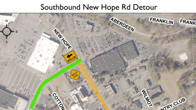 Map showing location of detour on southbound New Hope Road