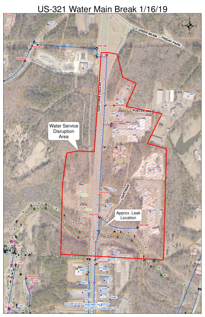 Map showing area along Highway 321 affected by water line repairs