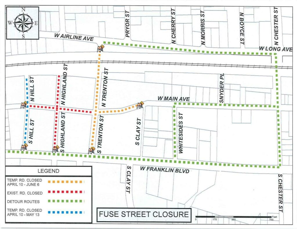 Map showing closed streets and detour routes