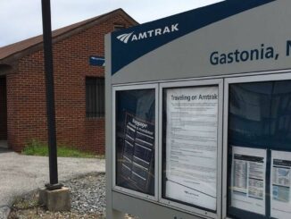 Amtrak train station and sign in Gastonia