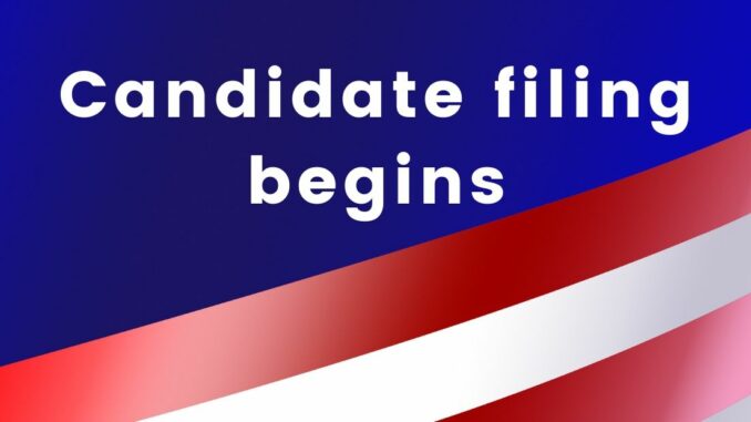 Red, white and blue background with words Candidate filing begins