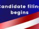 Red, white and blue background with words Candidate filing begins