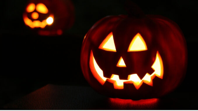 Pumpkins carved as jack-o-lanterns.