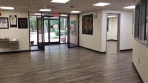 Lobby and entrance doors with new flooring