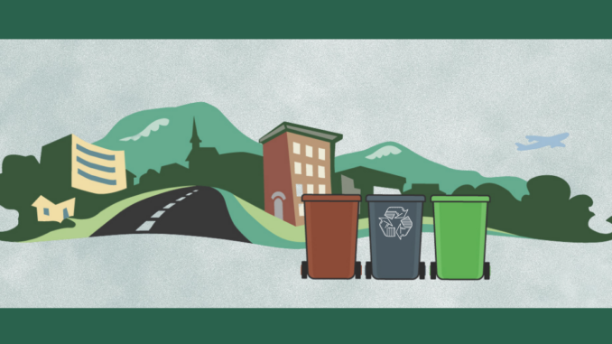 City logo with three roll-out carts, one marked for recyclables