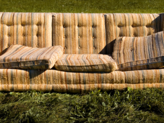 Old couch with cushion askew sitting in grass