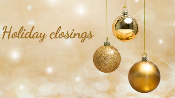 The words Holiday Closings with gold balls on decorative strings