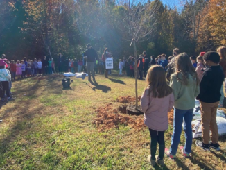 School children in semi-circle around newly planted tree