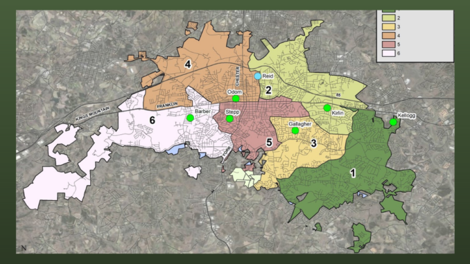 Map of Gastonia with wards shown in different colors