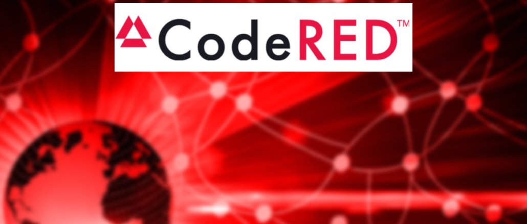 Code Red logo on red background with globe and connected electrons