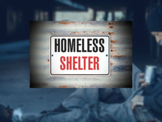 Blurry image of man in hooded sweatshirt sitting on sidewalk with words Homeless Shelter.